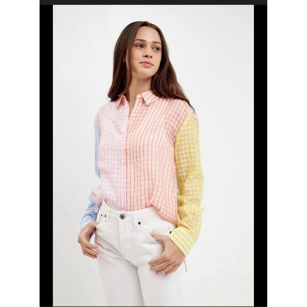 English Factory Patchwork Colorblock Button‎ Down Shirt Small Striped Preppy